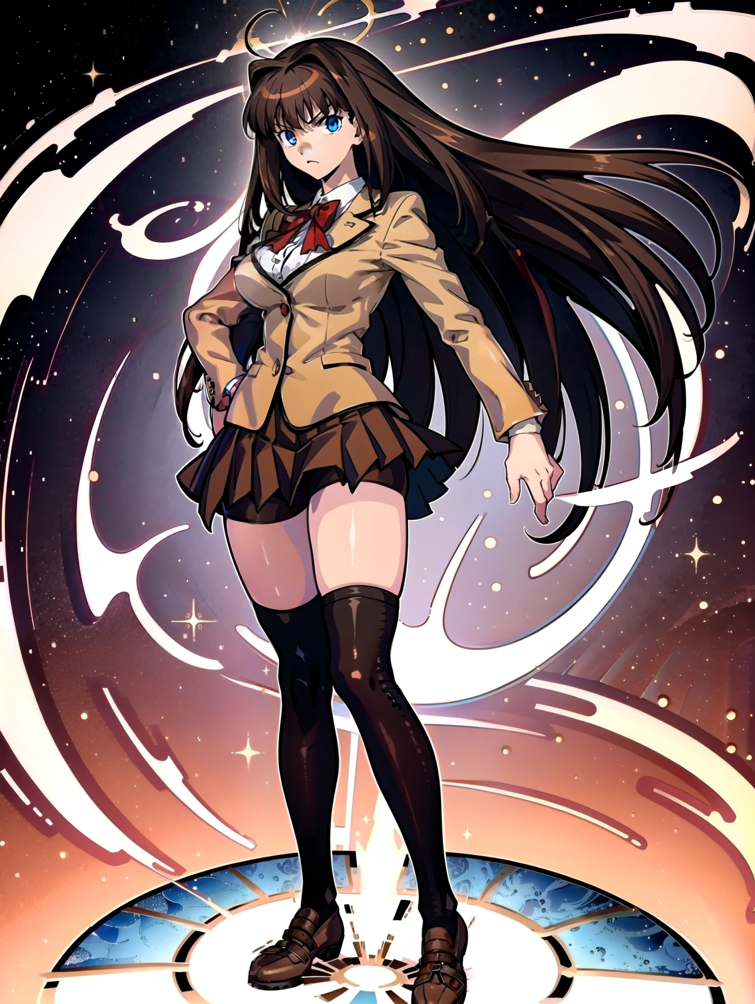 BREAK, centered, BREAK, (EMPTY BACKGROUND), BREAK, (masterpiece), best quality, highest resolution, 8k, illustration, (beautiful detailed eyes:1.5), perfectface, extremely detailed body, CG, perfect hands, perfect anatomy, ((1girl)), ((solo)), (((bbaoko))), ((2 legs max)), ((2 feet max:1.5)), ((swirling vortex shaped longest brown hair:1.5)), (brown longest hair with slightly reddish undertone:1.6), (lush luscious longest brown hair:1.6), (very long voluminous longest brown hair:1.5), serious, blue eyes, red bowtie, (Form-fitting beige blazer:1.5), brown jacket, (highly detailed beautiful face:1.2), ((Flowing skirt)), Wind, (white shirt:1), (well shaped large breasts:1.6), (nice hips:1), pretty legs, ((thigh-high black stockings:1.6)), (((Umber pleated skirt:1.6))), (((large bike-shorts:1.6))), (toned visible skin thighs:1.6), (strap shoes brown color), (facing front:1.5), ((standing straight:1.5)), ((Fullbody in frame:1.5)), ((Full body:1.5)), (takeuchi takashi:1.3)