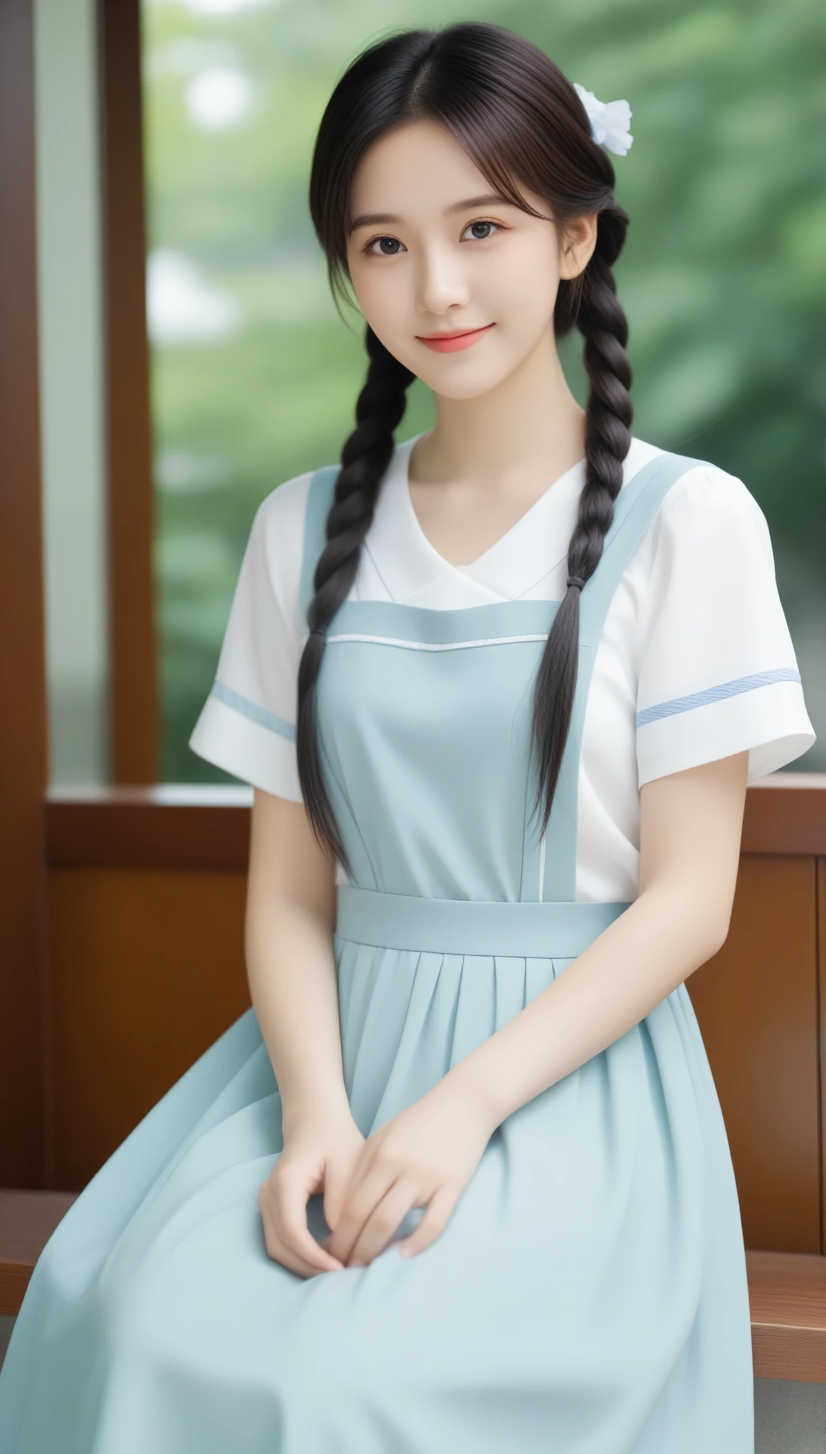 8k, Ultra-high resolution, highest quality, masterpiece, Rule of thirds photography,Surreal, photograph, 1 girl, (16 years old:1.3), cute女の子, cute顔, Beautiful eyes in every detail, 細かくdetailedに,masterpiece,, One Girl:1.2, Japan Female Announcer, cute, pastel colour, Soft Light, watercolor, 小さくてとてもcute女の子, braid(twin braids), Black Hair Maid, simple メイド outfit with long skirt type, cuteイラスト, Classic type cafe, smile , Acting to mock the audience,Looking at the audience、beauty,Long neck、Laugh a little、Please close your mouth and laugh、(((Ideal body type))),A-cup small breasts :2,whole body、Perfect Anatomy、鮮明なdetailed、detailed、Surreal、Light and shadow,Strong light