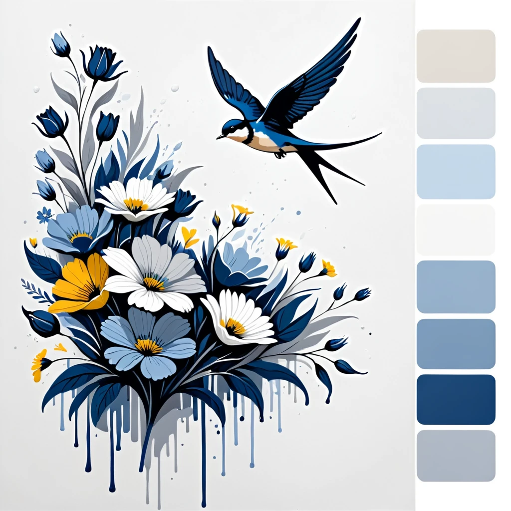 A palette of blue and gray tones with some splashes, clean lines, Solid colors /flat palette/, swallow among flowers
