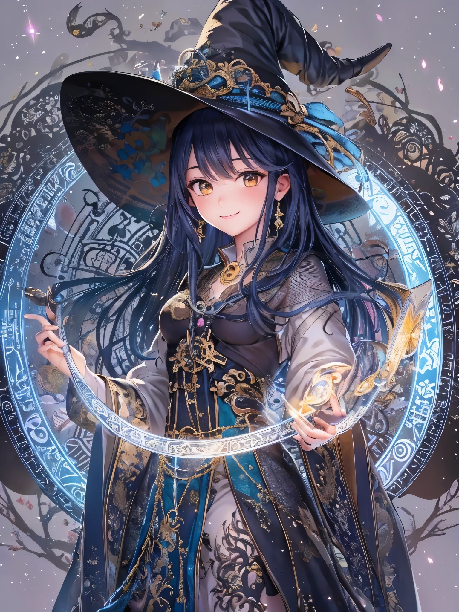 ((highest quality)),(Ultra-high resolution),(Very detailed),(Detailed Description),((The best CG)),(A masterpiece),Ultra-detailed art,Amazing drawing art,(Fantasy art with intricate detail:1.5), (witch:1.5),(A confident smile:1.4),(作り込まれたwitchの服:1.5), (A magic circle that emits bundled light:1.5), Aurora of Light,