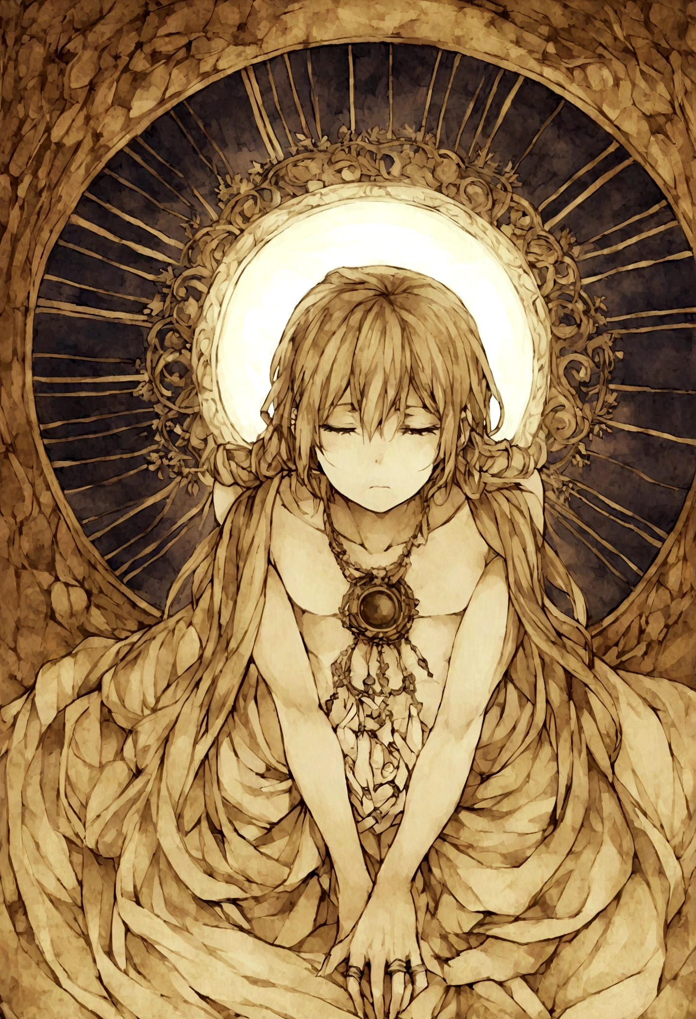 god、male、Completely naked、Mark in the crotch、Deep thinking expression、Ring of light behind、religion、youth、Idol、20Early 20s、Feeling like a Buddha、Facing forward