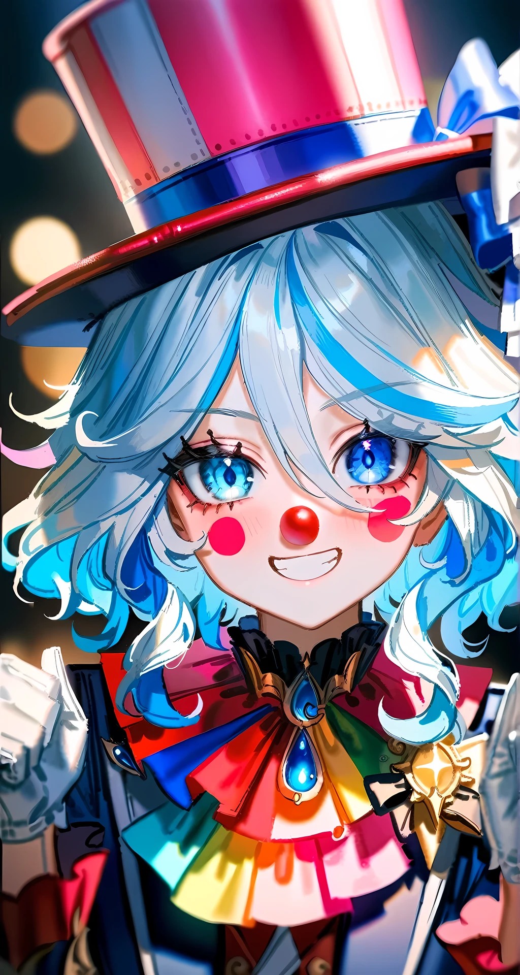 furina from genshin impact,solo, masterpiece, best quality, very aesthetic, absurdres, bokeh light, (quasarcake:1.2), close up, 1girl,detailed lighting, rendered, eyes surrounded by flamboyant makeup with stars and spirals, multi-colored hair in messy strands of blue, red and green, clown nose, cheeks are painted with big pink smiles, skin white as chalk, Clown costume made of satin and shiny fabrics in bright colors like red, yellow and blue decorated with colorful pompoms, ruffles and star patterns, white gloves, multi-colored top hat decorated with feathers and ribbons, big smiling, happy