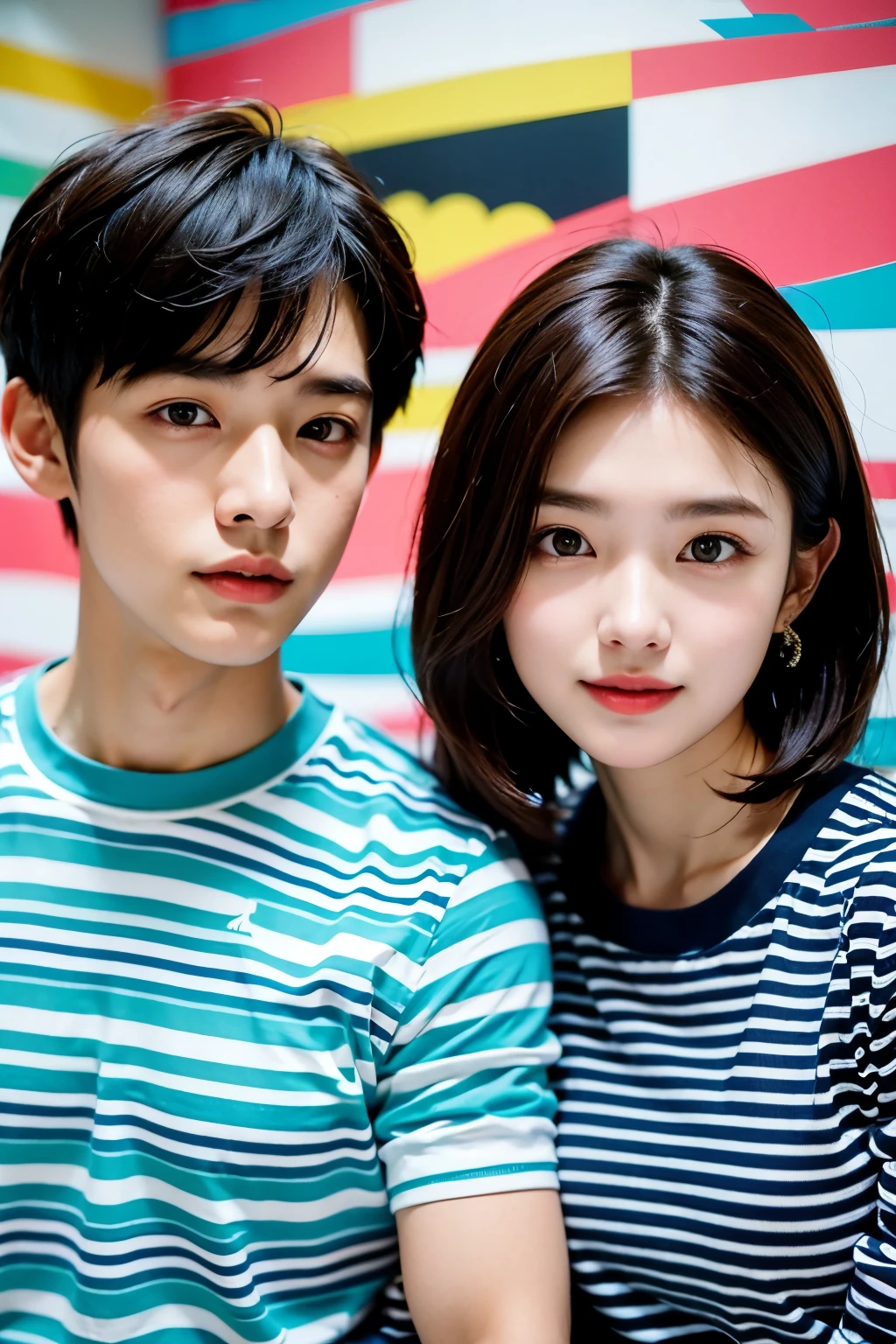 1 girl, 1 boy, ideal , Wearing a striped patterned t-shirt, Colorful photo spot background, Korean couple