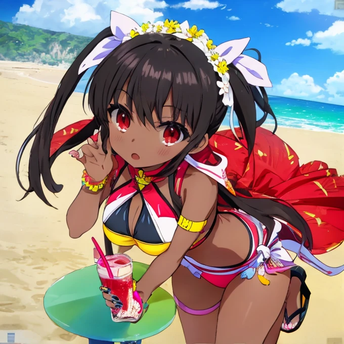 anime - 1 girl - dark skin - best quality - 10k - Hour glass figure - D cup sized breasts - red eyes with tints of yellow - long black hair - beach - seductive pose - silky smooth skin - pedicure with bright colored nail polish - manicure with bright colored nail polish - platform high heel flip flops - she is wearing a visually stunning masterpiece of a bikini that draws everyone person's attention