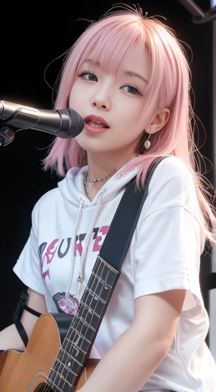 (Tabletop:1.3, highest quality, Realistic, Super detailed, In detail, High resolution, 8k wallpaper), 1 beautiful girl, Band group vocal, Wearing a white hoodie, Singing on electric guitar, Stand microphone, Open your mouth, Beautiful Face, Detailed face, Beautiful Eyes, Fine grain, seems to be happy、smile, Earrings, necklace, Detailed guitar, (Straight guitar neck and strings), Medium length pink hair, On Stage, Spotlight, View your viewers、small