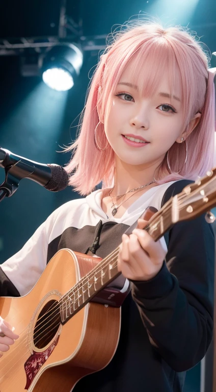 (Tabletop:1.3, highest quality, Realistic, Super detailed, In detail, High resolution, 8k wallpaper), 1 beautiful girl, Band group vocal, Wearing a white hoodie, Singing on electric guitar, Stand microphone, Open your mouth, Beautiful Face, Detailed face, Beautiful Eyes, Fine grain, seems to be happy、smile, Earrings, necklace, Detailed guitar, (Straight guitar neck and strings), Medium length pink hair, On Stage, Spotlight, View your viewers、small 