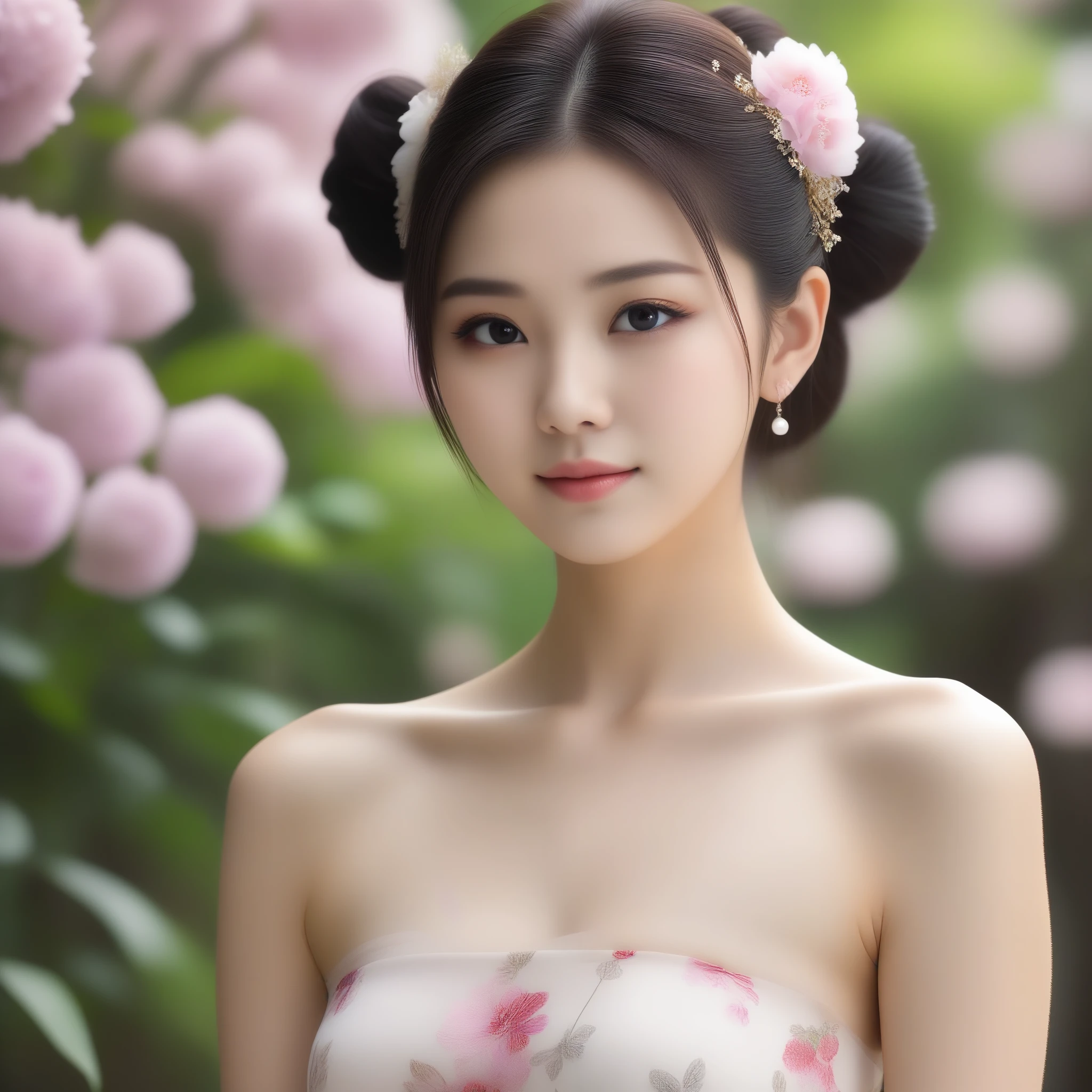 8k, Ultra-high resolution, highest quality, masterpiece, Rule of thirds photography,Surreal, photograph, 1 girl, (16 years old:1.3), pretty girl, Cute Face, Beautiful eyes in every detail, 細かくdetailedに,masterpiece,, One Girl:1.2, Japan Female Announcer, ((Bare shoulders)), ((Hit the knee)), ((Standing Walking)), ((An elegant and attractive posture)), ((Close-up shot)), Shot of a woman with flowers in her hair, reality, Gorgeous Japanese Model, 伝統的なbeauty, Japanese Girls, CG Station Trends,Black hair bun, Cute and delicate face, beautiful girl, Beautiful young woman anatomically correct,Looking at the audience、beauty,Long neck、Laugh a little、Please close your mouth and laugh、(((Ideal body type))),A-cup small breasts :2,whole body、Perfect Anatomy、鮮明なdetailed、detailed、Surreal、Light and shadow,Strong light