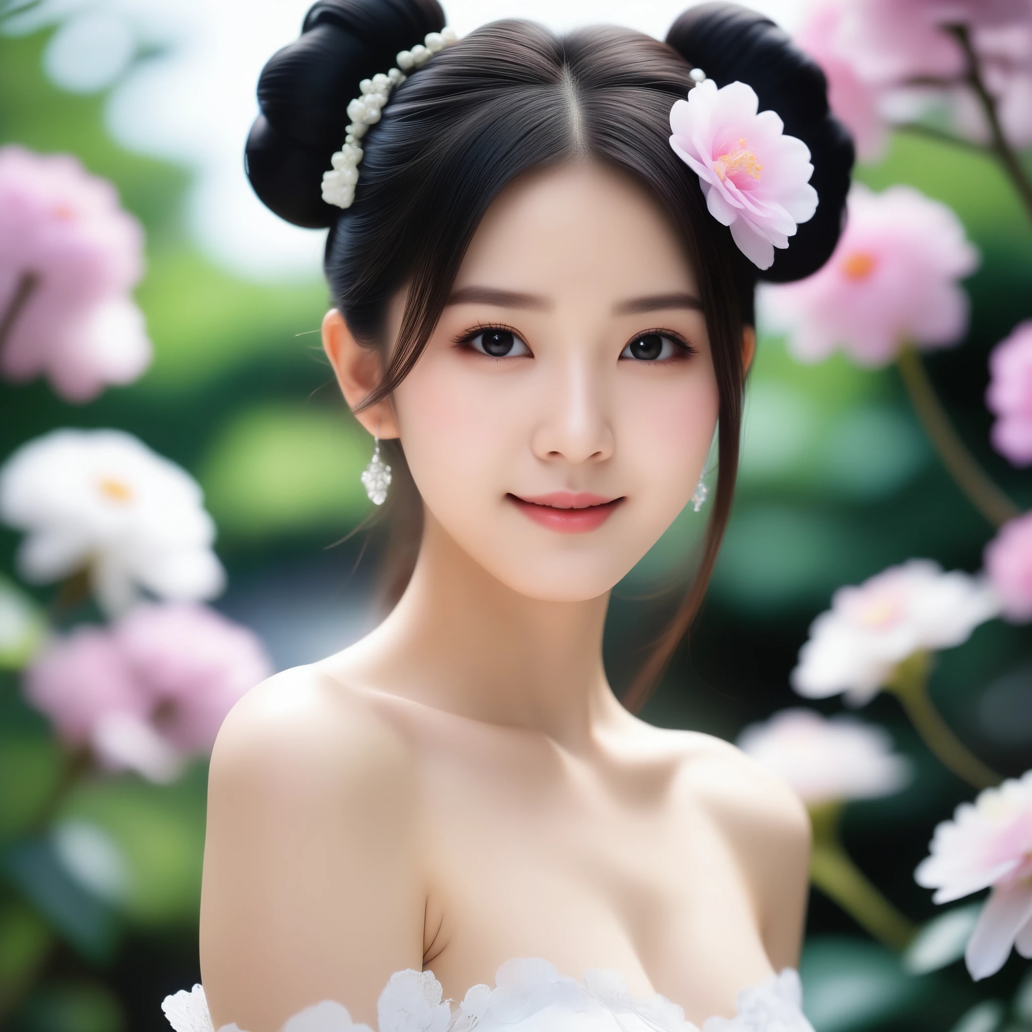 8k, Ultra-high resolution, highest quality, masterpiece, Rule of thirds photography,Surreal, photograph, 1 girl, (:1.3), pretty girl, Cute Face, Beautiful eyes in every detail, 細かくdetailedに,masterpiece,, One Girl:1.2, Japan Female Announcer, ((Bare shoulders)), ((Hit the knee)), ((Standing Walking)), ((An elegant and attractive posture)), ((Close-up shot)), Shot of a woman with flowers in her hair, reality, Gorgeous Japanese Model, 伝統的なbeauty, Japanese Girls, CG Station Trends,Black hair bun, Cute and delicate face, beautiful girl, Beautiful young woman anatomically correct,Looking at the audience、beauty,Long neck、Laugh a little、Please close your mouth and laugh、(((Ideal body type))),A-cup small breasts :2,whole body、Perfect Anatomy、鮮明なdetailed、detailed、Surreal、Light and shadow,Strong light