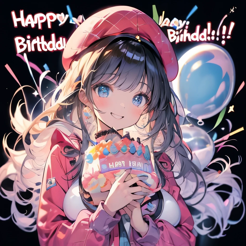 highest quality、masterpiece、Anime Girls、((Holding a birthday cake))、smile、Upper Body、beret、Lots of balloons、Gwaiz、BIRTHDAY lettering、(((May 26th lettering)))