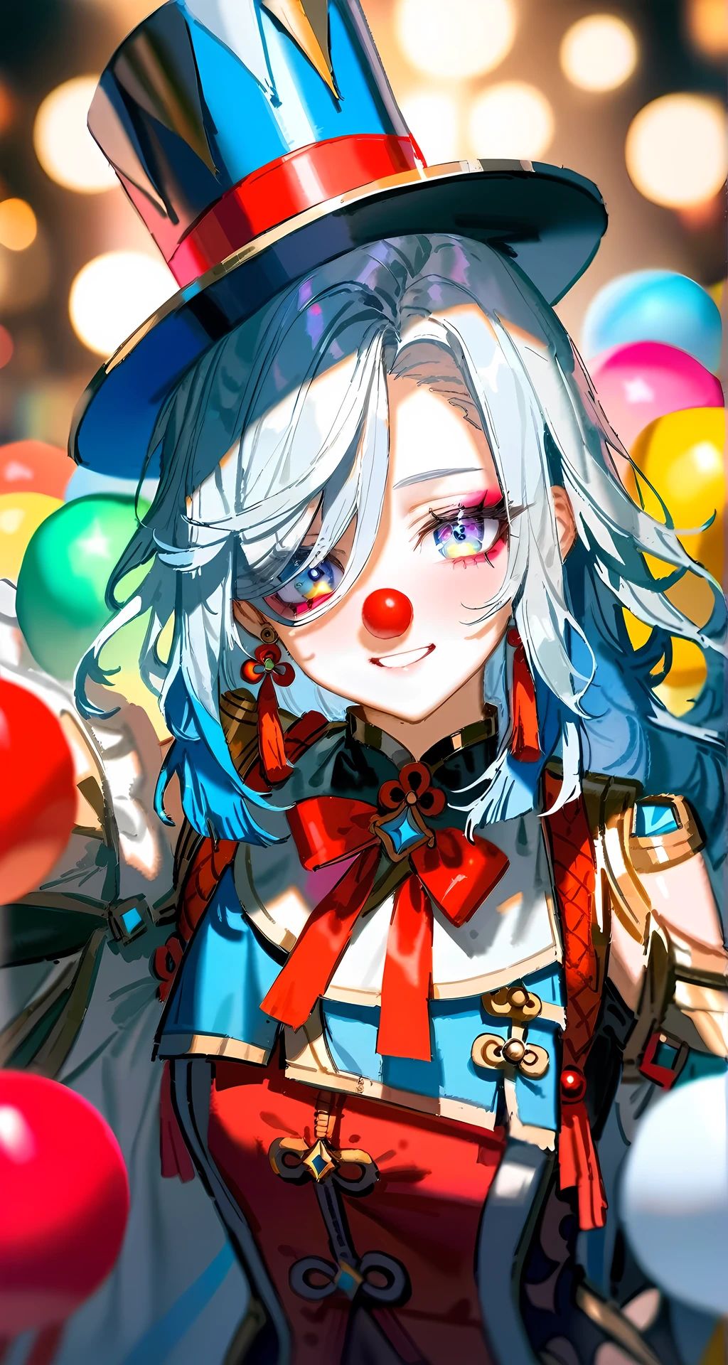 shenhe from genshin impact,solo, masterpiece, best quality, very aesthetic, absurdres, bokeh light, (quasarcake:1.2), close up, 1girl,detailed lighting, rendered, eyes surrounded by flamboyant makeup with stars and spirals, multi-colored hair in messy strands of blue, red and green, clown nose, cheeks are painted with big pink smiles, skin white as chalk, Clown costume made of satin and shiny fabrics in bright colors like red, yellow and blue decorated with colorful pompoms, ruffles and star patterns, white gloves, multi-colored top hat decorated with feathers and ribbons, big smiling, happy