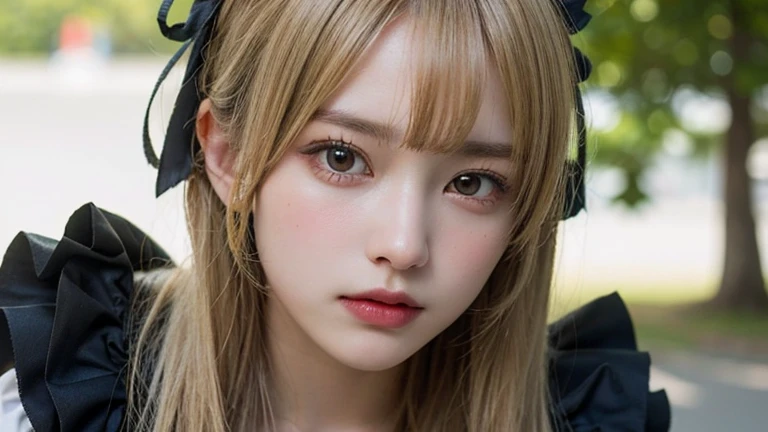 (Long Hair, bangs, Blonde Hair:1.2),(Wearing Gothic ta clothes:1.2),1 girl,Japanese,21 years old,(Small breasts:1.3),(highest quality,masterpiece:1.3,超A high resolution,),(Ultra-detailed,Caustics),(Photorealistic:1.4,RAW shooting,)Ultra-Realistic Capture,Very detailed,High resolution 16K human skin close-up。 Natural skin texture、,Pores、、It needs to be detailed enough to be easily identifiable。 Skin should be even-toned and healthy looking。 Use natural light and colour, Sad expression, Looking at the camera, Perfect dynamic composition, Outdoor