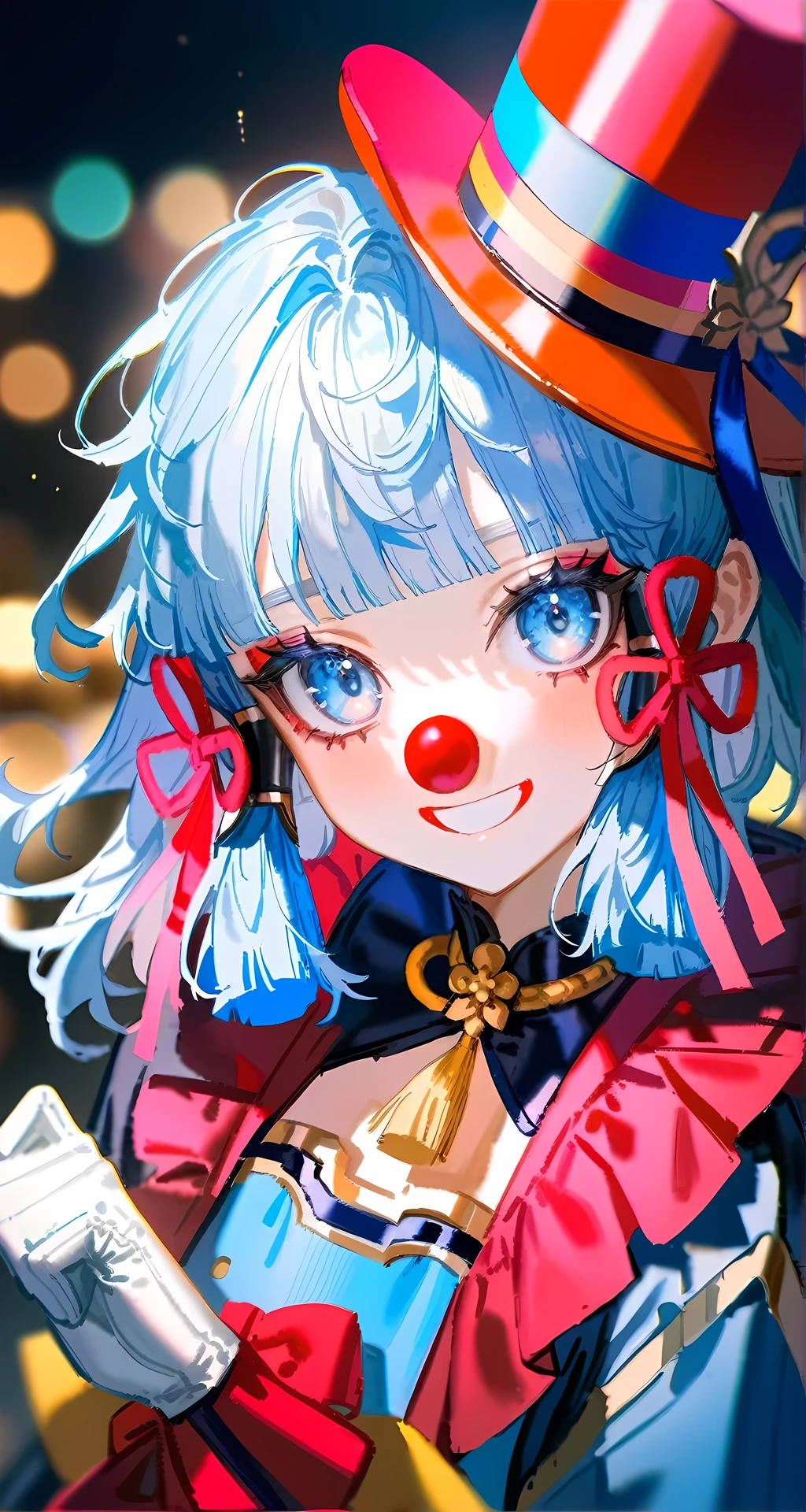 kamisato ayaka from genshin impact,solo, masterpiece, best quality, very aesthetic, absurdres, bokeh light, (quasarcake:1.2), close up, 1girl,detailed lighting, rendered, eyes surrounded by flamboyant makeup with stars and spirals, multi-colored hair in messy strands of blue, red and green, clown nose, cheeks are painted with big pink smiles, skin white as chalk, Clown costume made of satin and shiny fabrics in bright colors like red, yellow and blue decorated with colorful pompoms, ruffles and star patterns, white gloves, multi-colored top hat decorated with feathers and ribbons, big smiling, happy