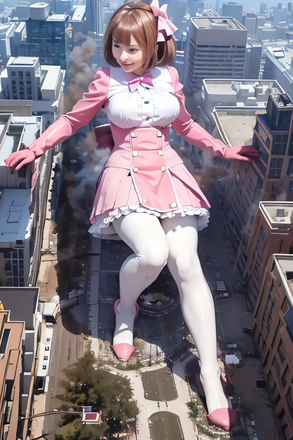 giantess art, highly detailed giantess shots, giantess, Two legs, Five fingers, short hair, A beautiful girl who is bigger than a skyscraper, Wearing rimless glasses, smile, Big Breasts, pink dress, bow, magical girl, pink gloves, pink pantyhose, no shoes on, toes visible through pantyhose, Steam coming out from the soles of my feet, Destroying cities, A very small big city, Miniature metropolis, Full body description, GTS, giga giantess, stomping city, crash city, tiny city, micro city, pantyhose feet, High resolution, highest quality, masterpiece, 