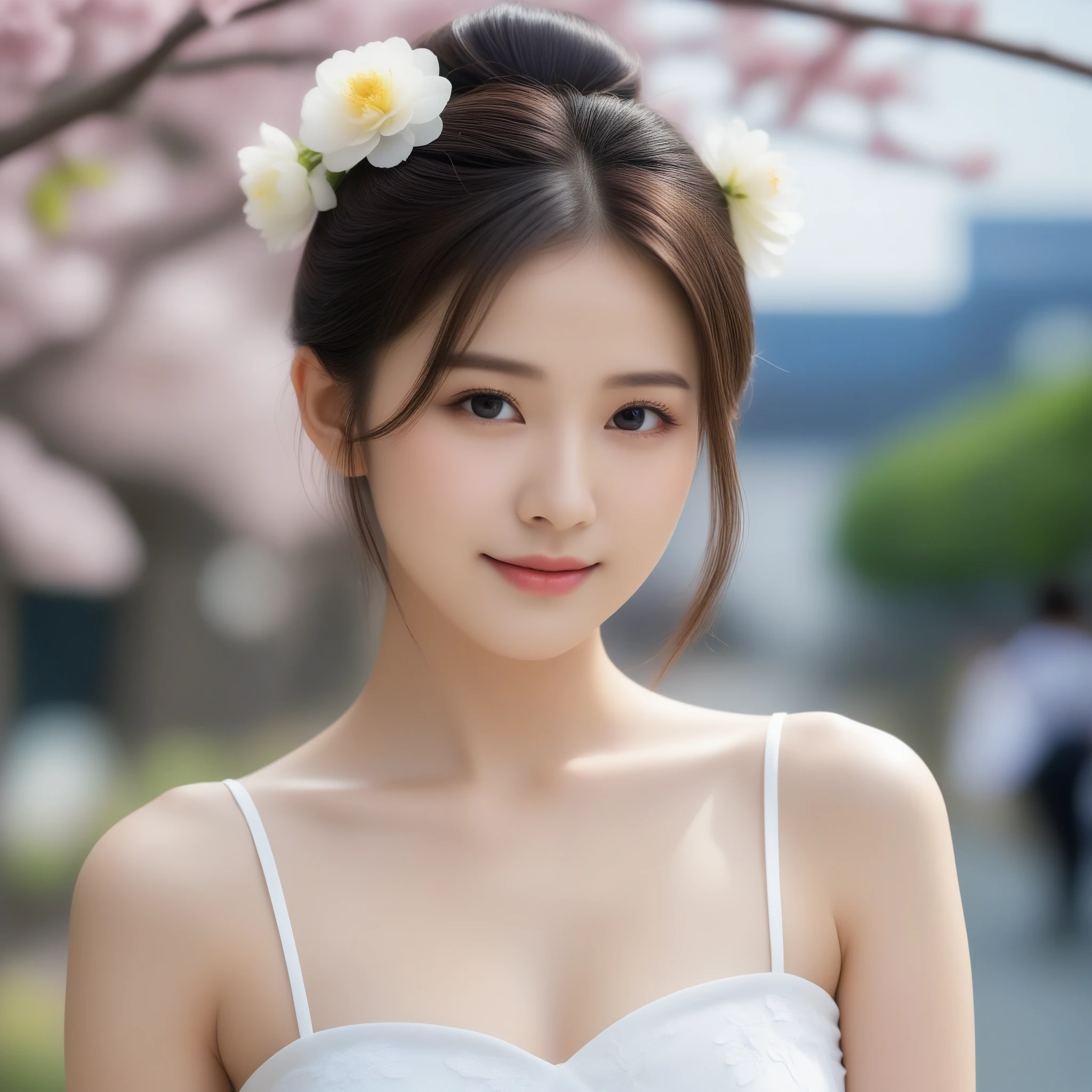 8k, Ultra-high resolution, highest quality, masterpiece, Rule of thirds photography,Surreal, photograph, 1 girl, (:1.3), pretty girl, Cute Face, Beautiful eyes in every detail, 細かくdetailedに,masterpiece,, One Girl:1.2, Japan Female Announcer, ((Bare shoulders)), ((Hit the knee)), ((Standing Walking)), ((An elegant and attractive posture)), ((Close-up shot)), Shot of a woman with flowers in her hair, reality, Gorgeous Japanese Model, 伝統的なbeauty, Japanese Girls, CG Station Trends,Black hair bun, Cute and delicate face, beautiful girl, Beautiful young woman anatomically correct,Looking at the audience、beauty,Long neck、Laugh a little、Please close your mouth and laugh、(((Ideal body type))),A-cup small breasts :2,whole body、Perfect Anatomy、鮮明なdetailed、detailed、Surreal、Light and shadow,Strong light
