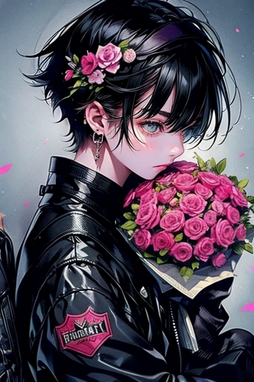 1boy,solo,cool,black hair,short hair,black leather jacket,has a flower bouquet,holding colorful bouquet of flowers,sitting a stairs