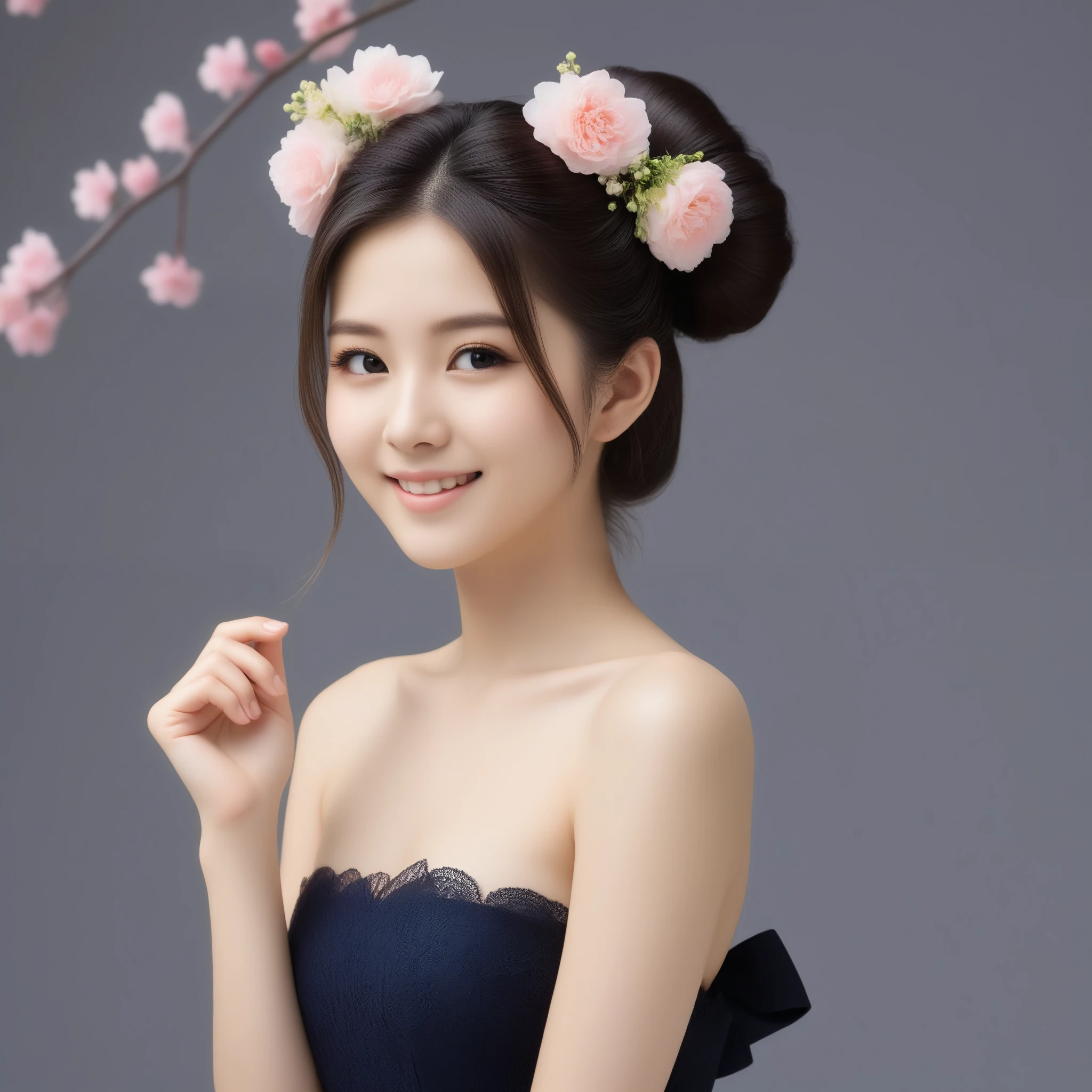 8k, Ultra-high resolution, highest quality, masterpiece, Rule of thirds photography,Surreal, photograph, 1 girl, (16 years old:1.3), pretty girl, Cute Face, Beautiful eyes in every detail, 細かくdetailedに,masterpiece,, One Girl:1.2, Japan Female Announcer, ((Bare shoulders)), ((Hit the knee)), ((Standing Walking)), ((An elegant and attractive posture)), ((Close-up shot)), Shot of a woman with flowers in her hair, reality, Gorgeous Japanese Model, 伝統的なbeauty, Japanese Girls, CG Station Trends,Black hair bun, Cute and delicate face, beautiful girl, Beautiful young woman anatomically correct,Looking at the audience、beauty,Long neck、Laugh a little、Please close your mouth and laugh、(((Ideal body type))),A-cup small breasts :2,whole body、Perfect Anatomy、鮮明なdetailed、detailed、Surreal、Light and shadow,Strong light