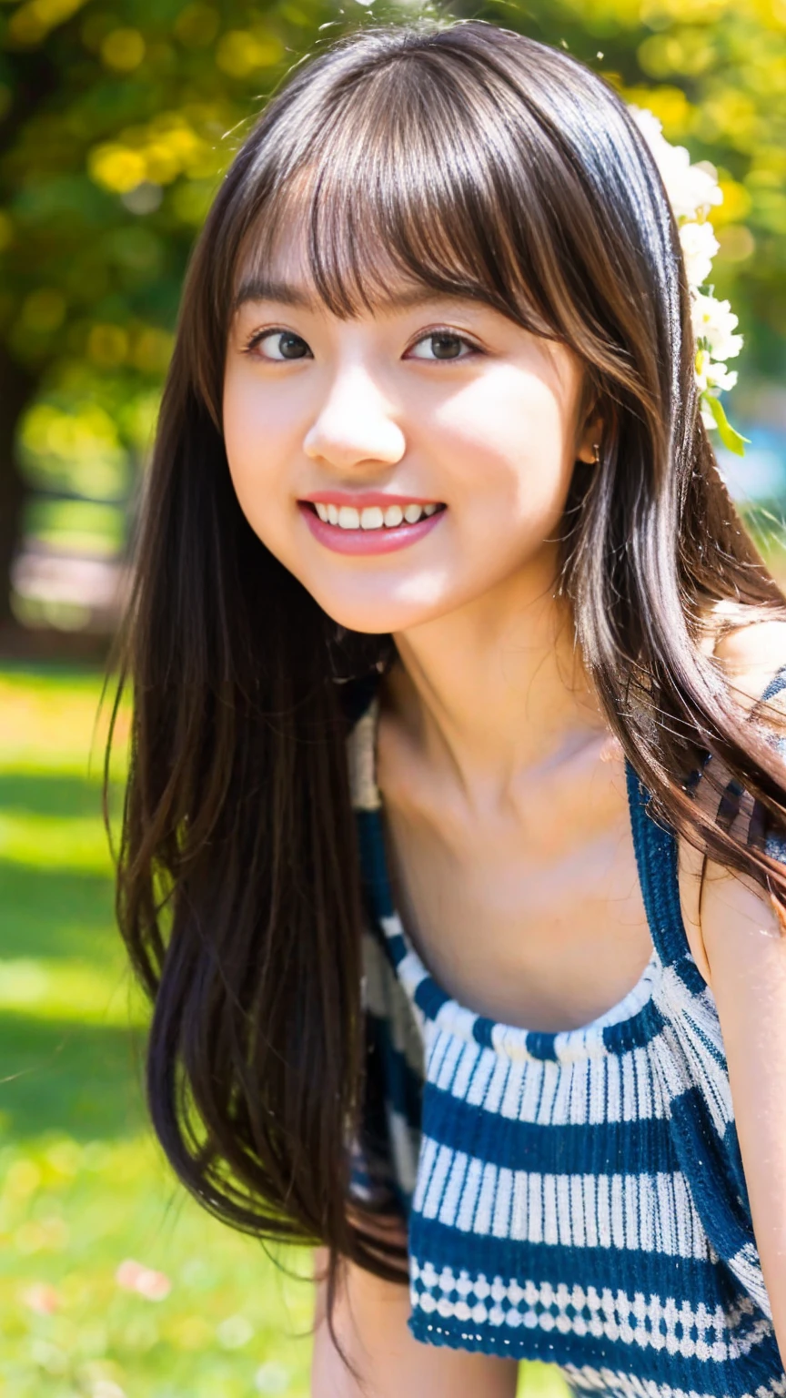 Very beautiful Japanese women、cute:1.5,21 years old、Big eyes、Attractive eyes、university student、Floral Bikini:2.0,Sunny day in the university gardens、Are standing、Looking into the camera:1.5、Smile 1.3、healthy、White skin、light makeup、Full body pose