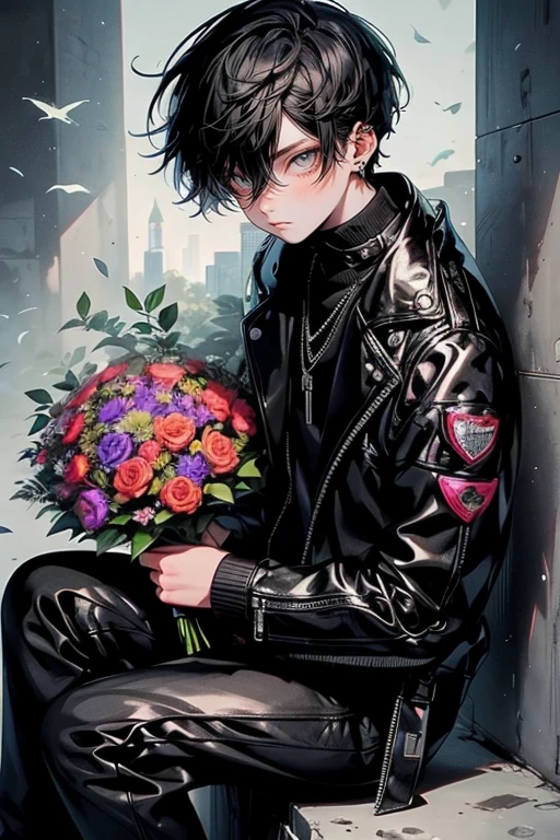 1boy,solo,cool,black hair,short hair,black leather jacket, sitting a stairs,has a flower bouquet,holding colorful bouquet of flowers