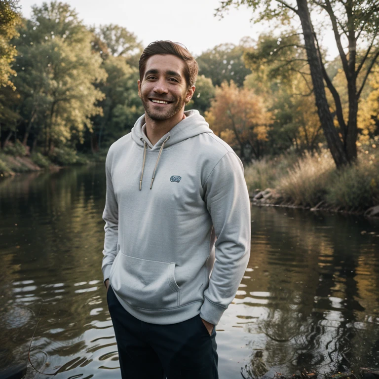 photo of jake gyllenhaal smiling man fishing hoodie and short, standing lake, fishing, outdoor trail, 35mm photograph, film, bokeh, professional, 4k, highly detailed, creek in the background, natural lighting