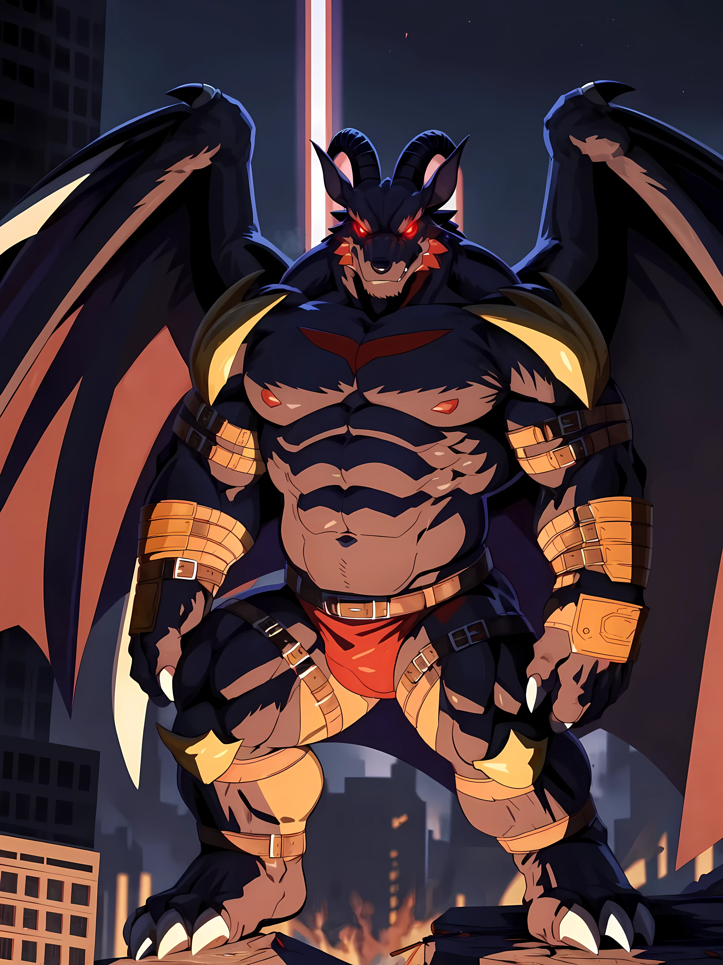 belphemon, horns, wings, claws, 4k, high resolution, best quality, detailed, posted on e621, solo, male, very masculine, (very muscular, heavyweight):1.1, (destroyed city background, dark background):1.1, correct anatomy, (red eyes, detailed eyes, glowing eyes):1.0, detailed face, (strong shadows, dramatic lighting, rim lighting):1.4, (by kusunagi, by rossciaco), strong, (half body, upper body:1.1), large belt, detailed belt, red speedos, strong posture, bare chest, steaming body:1.2