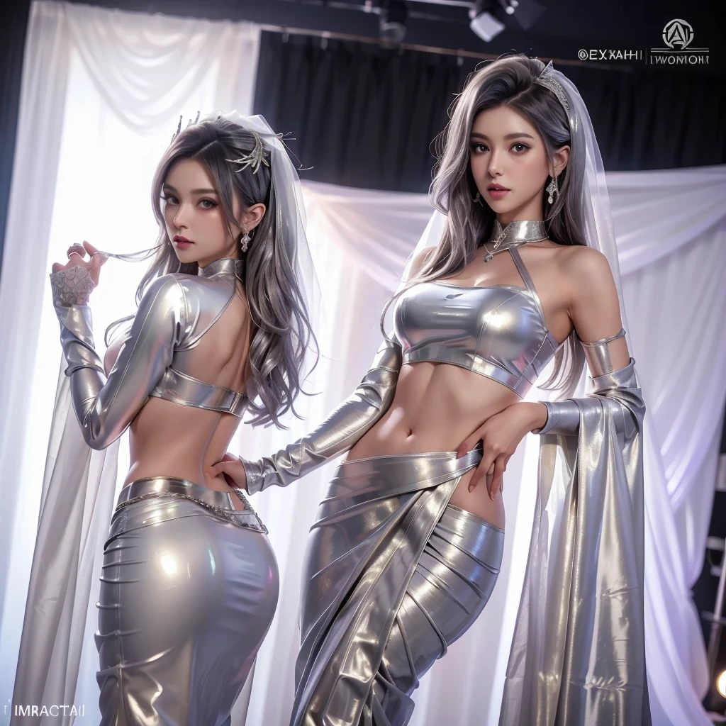 4k ultra realistic on wedding stage ((gold silver saree)) ((gold latex blouse))((perfect slim figure))(( wedding design long hair))