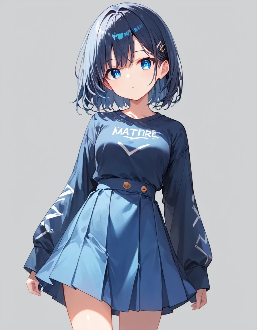 score_9, score_8_up, score_7_up,source_anime, high res image,masterpiece,best quality,girl,cute face,clear skin,shiny hair,ultra detailed eyes,simple background,  , blue shirt,skirt,long ,sleeves