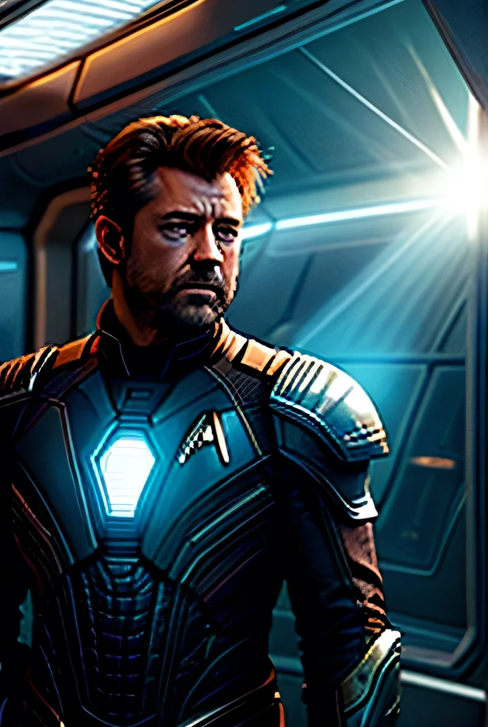 ((best quality)), ((masterpiece)), ((ultra realistic)),  ((dark fantasy style)),  majestic intricately detailed soft oil painting by jim lee, 1man, a handsome starship captain, (Henry Cavill:0.7)|Hugh Jackman|Russell Crowe, well fitting futuristic space commander uniform, stubble, on the bridge of  an advanced space faring war ship, high tech computers,, crew in the background, film grain, soft edge lighting, photographed on a Canon EOS R5, 50mm lens, F/2.8, HDR, professional, backlit, high contrast, (deep shadows:1.5), warm vibrant colors, lens flare,  cinematic Film still from the expanse|(mass effect:0.6)|star trek