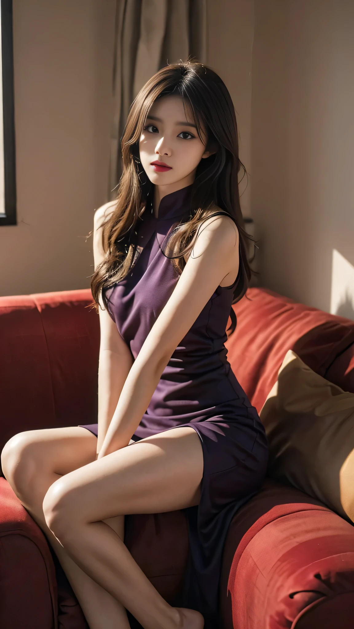 1girl in,Sitting on a cozy sofa,cross one's legs,Soft light,Chinese beauty, dark purple dress,A dark-haired,length hair
