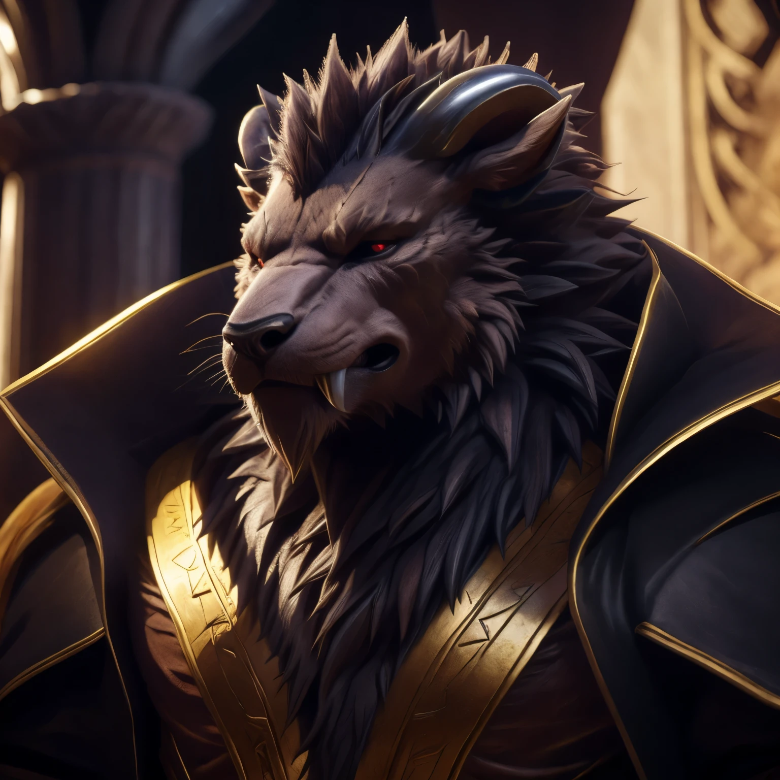 (highest quality, 32K High resolution:1.2, Very detailed, Realistic, photoRealistic, masterpiece,) Official Art, The Sacrificed Princess and the King of Beasts, Full Body View, Looking at the audience, male, good looking, Majestic Beast, Dark sienna brown fur, Black Mane, Majestic King, King Leonhard, Muscular body, Crimson Eyes, Serious look , Small ears, Curved black horns, Long upper jaw crab teeth, (detailed Realistic image:1.3), (Fine grain, Beautiful and expressive eyes:1), (hyper Realistic fur:1.2), (Fur with attention to detail:1. ( Detailed face:1) Low Light: 1.2) masterpiece, highest quality, ultra Realistic ( 8k, 超High resolution, Beautiful light and shadow, Detailed faceの描写, highest quality, masterpiece, Ultra high definition, Official Art, Super detailed, Deep Shadow, Dynamic Shadows, High resolution, Profound, utra Fur with attention to detail, Maximum concentration, Depth of written boundary, Perfect lighting, Lightest particle quality, Super-detailed body, Cinematic, Sharp focus, Correct Anatomy, Right hand, The right move, Five fingers, Right Head, Detailed Background), (Intricate Details, Masterpiece, Best Quality, High Resolution, 8k), (1man), (male:1.2), old, aged up, exquisite face, angular jawline, finely detailed eyes and face, physique exudes strength and power, face portrait from an anthro male beast, RAW candid cinema, 16mm, color graded portra 400 film, remarkable color, ultra realistic, textured skin, remarkable detailed pupils, realistic dull skin noise, visible skin detail, skin fuzz, dry skin, shot with cinematic camera, high quality photography, 3 point lighting, flash with softbox, 4k, Canon EOS R3, hdr, smooth, sharp focus, high resolution, award winning photo, 80mm, f2.8, bokeh, face close, finely detailed eyes and face, physique exudes strength and power, face portrait from an anthro male beast,detailed fur, realistic fur, animal fur, thick fur, shaggy character, animal, face close