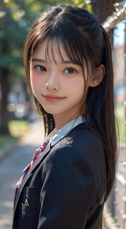 (highest quality,8K quality,masterpiece:1.3),(Ultra-high resolution,Realistic:1.4,Live Shooting),(Very detailed,Caustics,Detailed Background),(Ultra-Realistic Capture,Beautiful and detailed skin,Perfect Anatomy),At dusk,Sunset sky,School building,Schoolyard,,cute,single eyelid,Long black hair,School blazer uniform,Looking into the camera,A sloppy smile,Bust up shot,Natural light