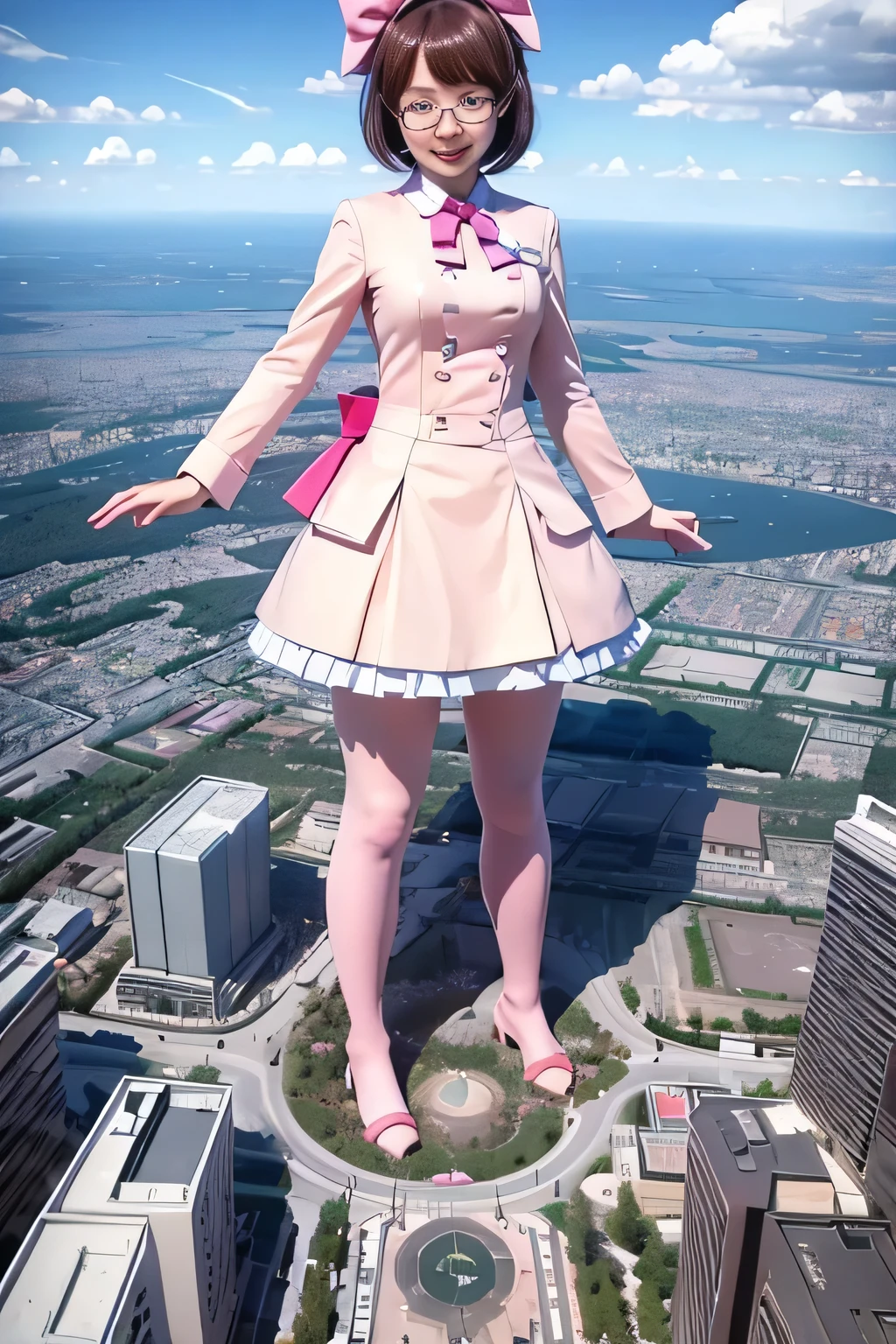 giantess art, highly detailed giantess shots, giantess, Two legs, Five fingers, short hair, A beautiful girl who is bigger than a skyscraper, Wearing rimless glasses, smile, Big Breasts, pink dress, bow, magical girl, pink pantyhose, pink stiletto heels, Destroying cities, A very small big city, Miniature metropolis, Full body description, GTS, giga giantess, stomping city, crash city, tiny city, micro city, pantyhose feet, High resolution, highest quality, masterpiece, 