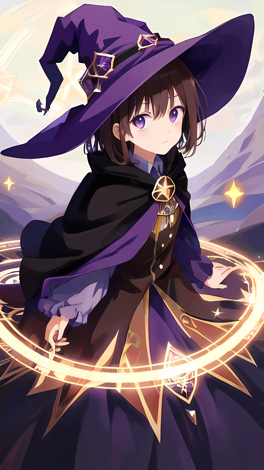 surreal, masterpiece, 4k, an anime girl, short brown hair, purple eyes, (witch hat), cloak, magic, pentagram