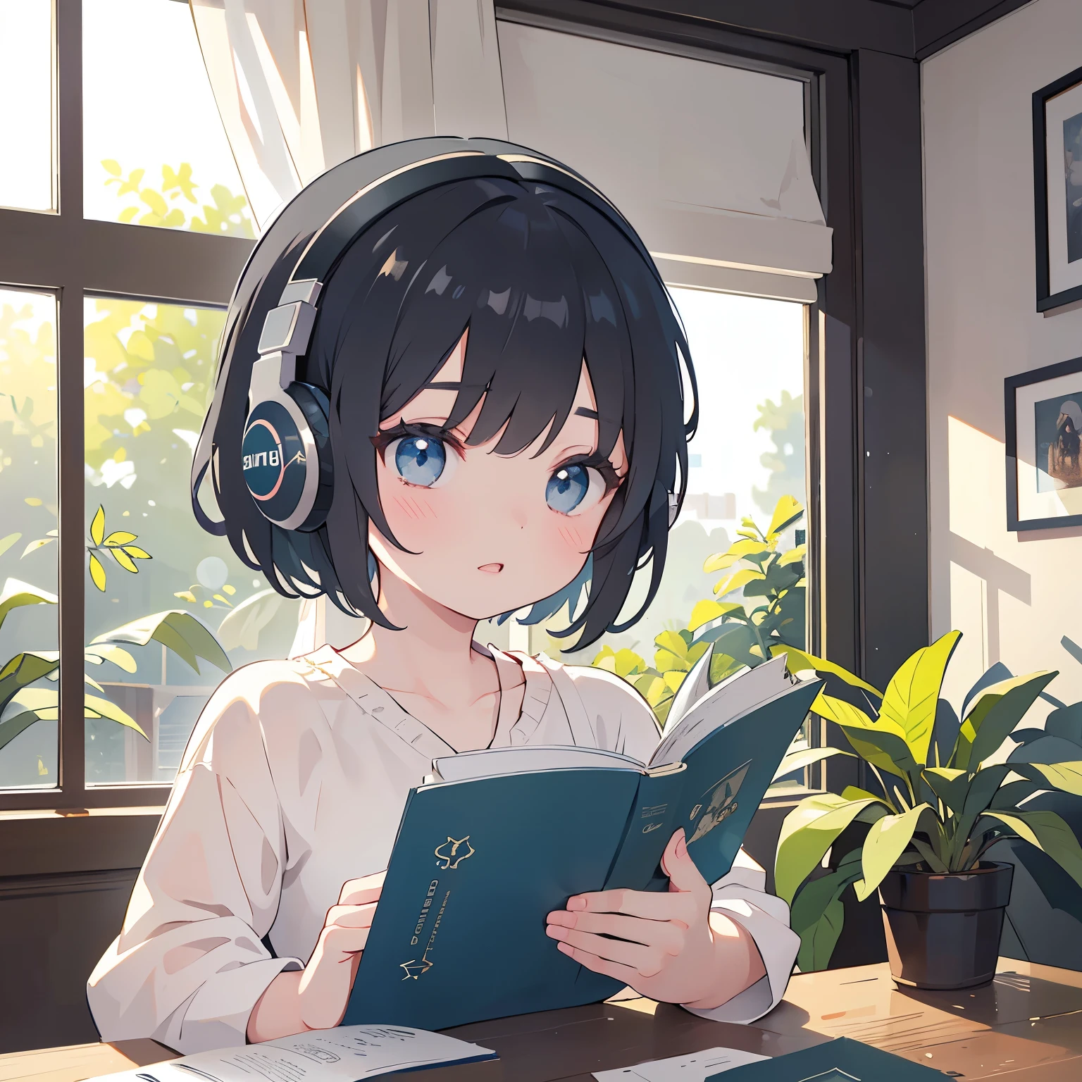 a girl with short hair, wearing headphones, reading a book, in a room with houseplants, detailed portrait, beautiful detailed eyes, beautiful detailed lips, extremely detailed face, longeyelashes, realistic, photorealistic, photo-realistic:1.37, best quality,4k,8k,highres,masterpiece:1.2,ultra-detailed,HDR,UHD,studio lighting,ultra-fine painting,sharp focus,physically-based rendering,extreme detail description,professional,vivid colors,bokeh,interior,cozy room,natural lighting,peaceful atmosphere