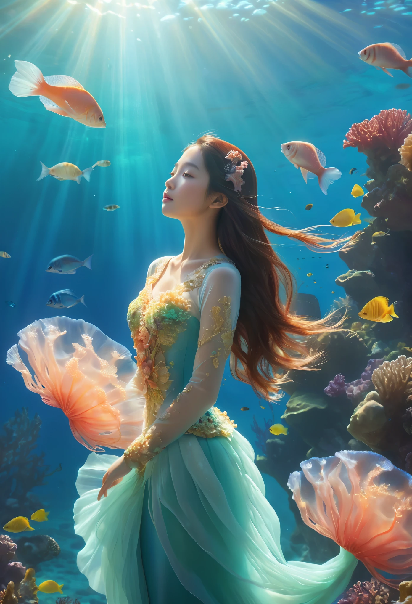 1girl, mermaid, korean traditional dress, underwater scene, detailed seascape, coral reef, sunlight shimmering through water, jellyfish, shoal of fish, serene and peaceful atmosphere, soft pastel colors, cinematic lighting, dramatic composition, fantasy, digital art, (best quality,4k,8k,highres,masterpiece:1.2),ultra-detailed,(realistic,photorealistic,photo-realistic:1.37)