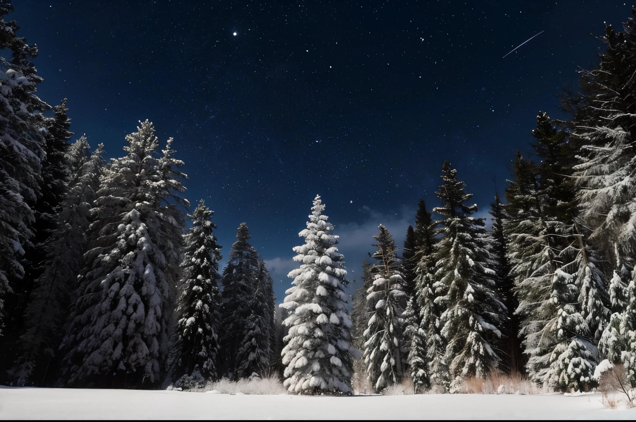 Snowy pine forest at night