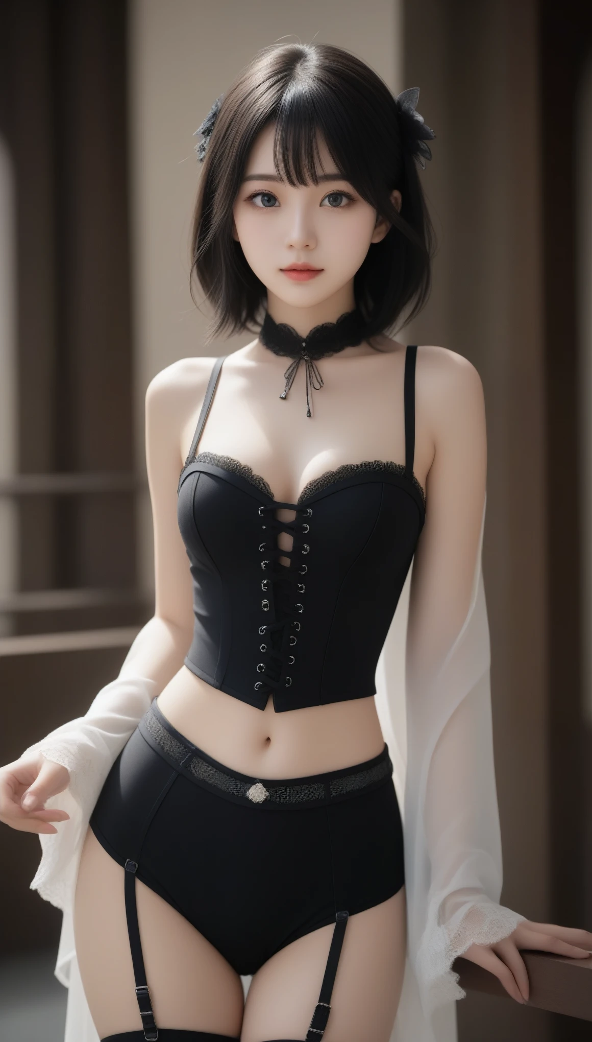 8k, Ultra-high resolution, highest quality, masterpiece, Rule of thirds photography,Surreal, photograph, 1 girl, (:1.3), pretty girl, Cute Face, Beautiful eyes in every detail, 細かくdetailedに,masterpiece,, One Girl:1.2, Japan Female Announcer, (((Absolute full-length images,Front view))),((Ultra-Realistic Details)) 、 Portraiture 、 Octane Rendering , Ultra Sharp 、 ( Leather lace-up corset and panties、garter belt),((Bondage and Gothic Lolita)) 、Inate decorative details 、 Vibrant colors 、 Very intricate detail 、 Realistic Light 、 CG Trends、Sparkling eyes、To the camera、Small breasts、Long straight black hair、whole bodyを直立させた姿勢、Inner part of a cathedral,Looking at the audience、beauty,Long neck、Laugh a little、Please close your mouth and laugh、(((Ideal body type))),A-cup small breasts :2,whole body、Perfect Anatomy、鮮明なdetailed、detailed、Surreal、Light and shadow,Strong light