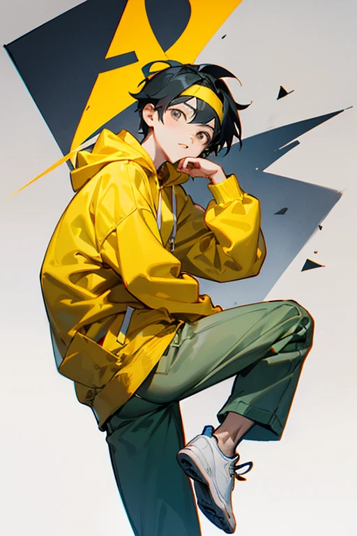 The boy is wearing a yellow headband, black hair, gray eyes, a yellow hoodie with the letter y logo, gray pants, and white shoes