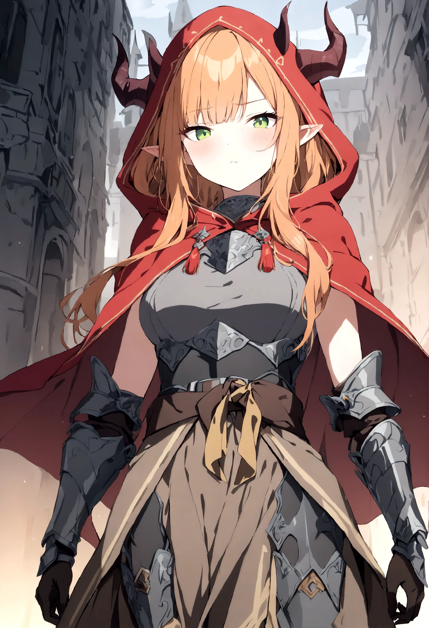 (1girl, Masterpiece, best quality) A young elf female with (long length intense orange hair and sharp side-swept fringe). Neutral, sligthly serious expression. Her attire includes a red cloak with yellow trim that covers a (medieval-style brown and gray chest piece). She has green eyes. She has a brown belt cinched around her waist and some dark gray fur around waist. She wears brown pants with armored greaves. (She's wearing a red hood ((with attached (gray horns) to hood.)).)