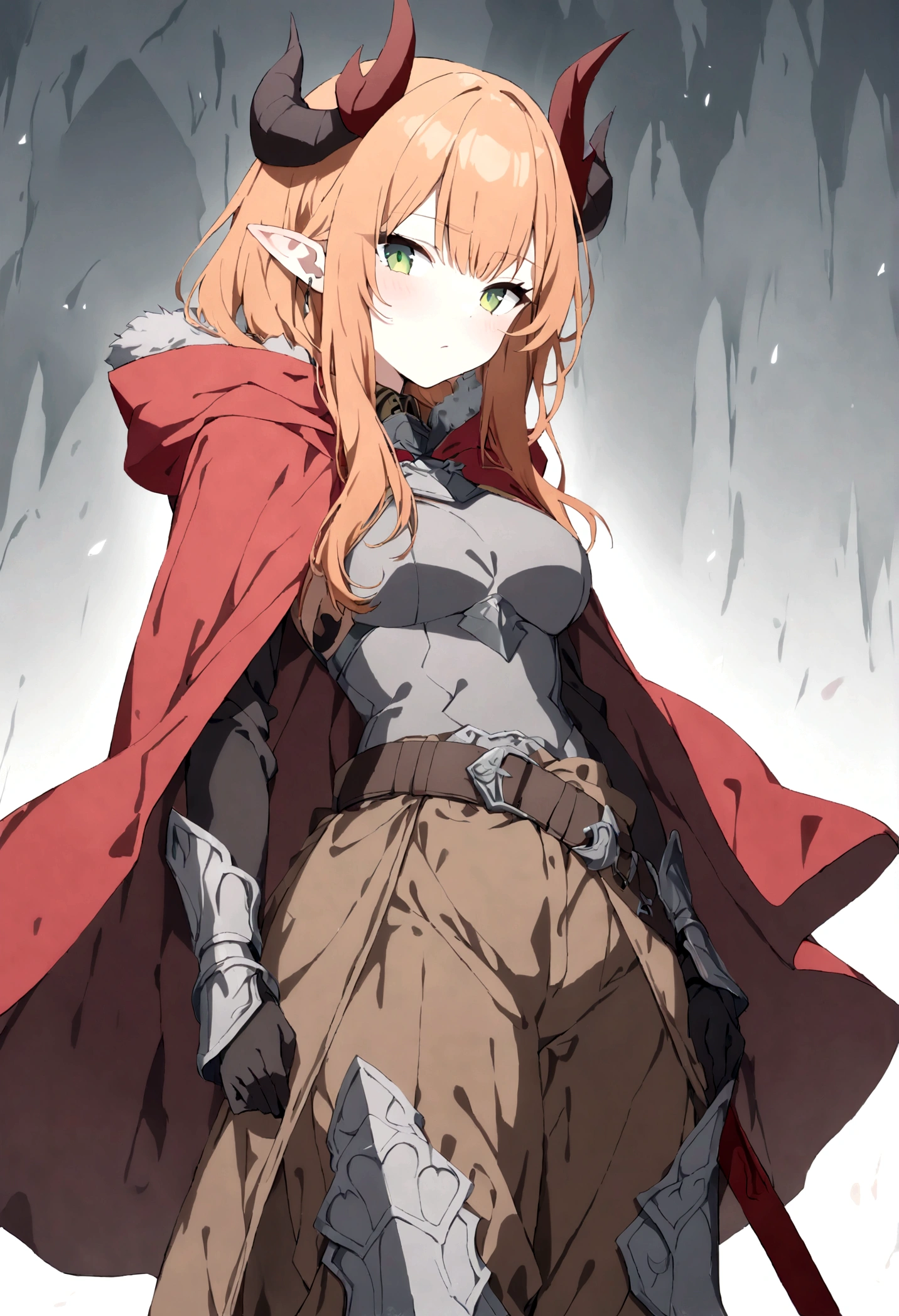 (1girl, Masterpiece, best quality) A young elf female with (long length intense orange hair and sharp side-swept fringe). Neutral, sligthly serious expression. Her attire includes a red cloak with yellow trim that covers a (medieval-style brown and gray chest piece). She has green eyes. She has a brown belt cinched around her waist and some dark gray fur around waist. She wears brown pants with armored greaves. (She's wearing a red hood ((with attached (gray horns) to hood.)).)
