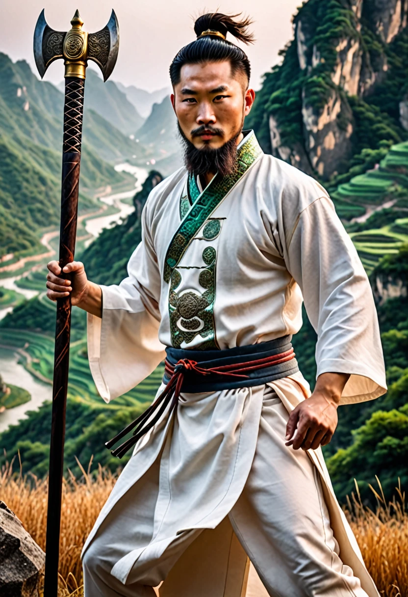 (highest quality:1.2), (High resolution:1.2), (Beautiful face and eyes:1.5), (sharpest focus:1.2), (Ultra-realistic photos:1.2), (Ultra-high resolution photos:1.2), (Depth of written boundary:1.2), (8k High resolution:1.2). (Perfect Anatomy:1.2),
(Nice hands:1.5), (Perfect hands:1.5), (Very young, Beardless, Beautiful Chinese Man:1.8). (Light clothing: 1.0), (All white clothes: 1.3), (A very elaborate and ornately decorated spear with a small axe attached is swung around in a large circle.: 1.3),
Intense Duel, (A small hill lit by pale lightning:1.0), (Ultra-realistic photos: 1.2), (Looking at the camera:1.5),