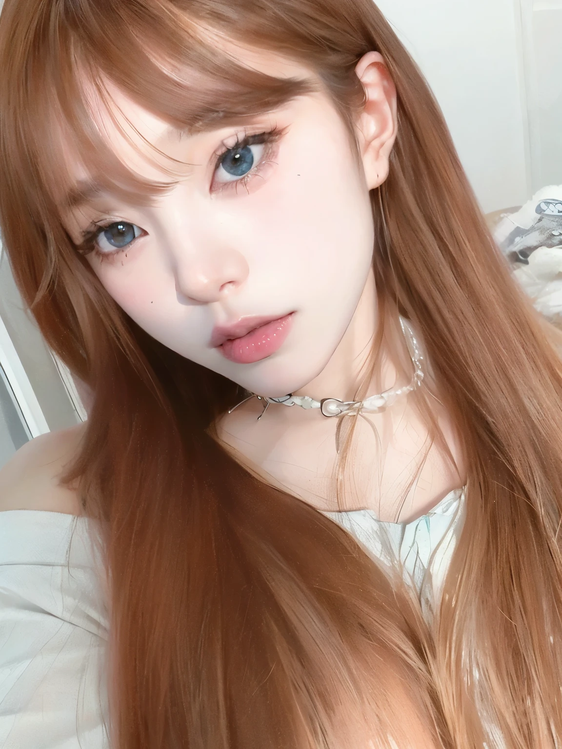 A woman with long red hair is posing for a photo, Best Face, cute realistic portrait, Hime cut, Pink ponytail hair and turquoise eyes, Portrait of Japanese charm, sakimicchan, long hair and eyes, She has long orange brown hair, bell store, pale milky white porcelain skin, With fair skin!!