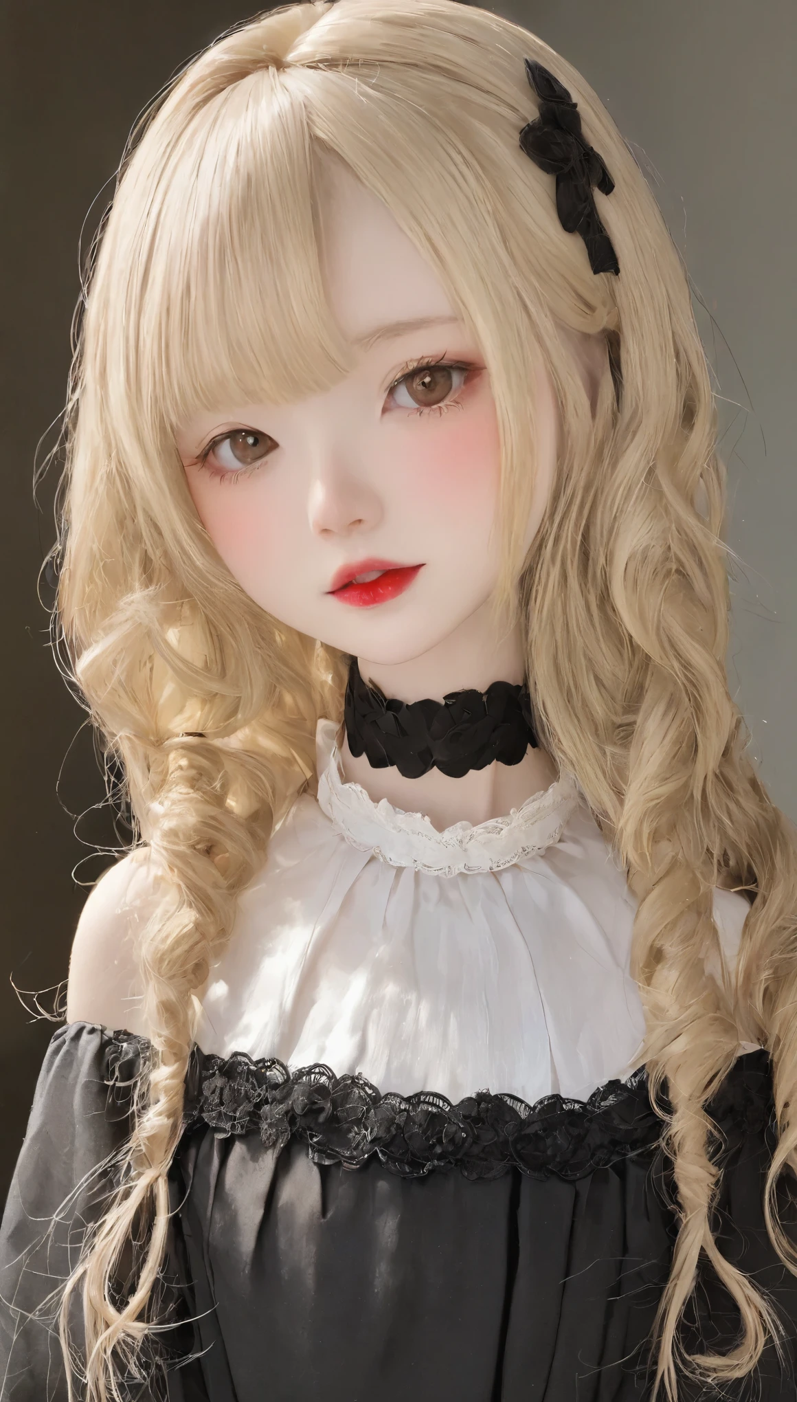 One Girl:1.5、Cute baby face、Japanese、14 years old,Brown Hair、Perfect Anatomy、Red eyeshadow、Red lipstick、Slightly pink cheeks、White skin、Ash Blonde、Black Dress、eight-headed body、、Unique Hairstyles、choker、highest quality、Ultra-detailed、High quality details、Portrait、masterpiece