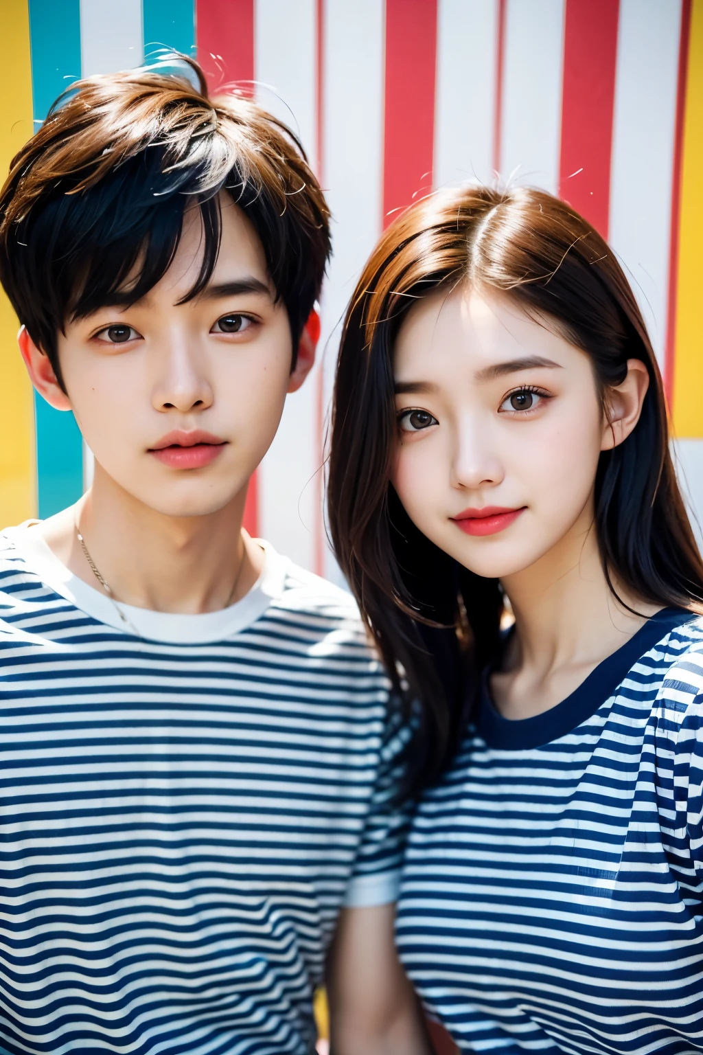 1 girl, 1 boy, ideal , Wearing a striped patterned t-shirt, Colorful photo spot background, Korean couple