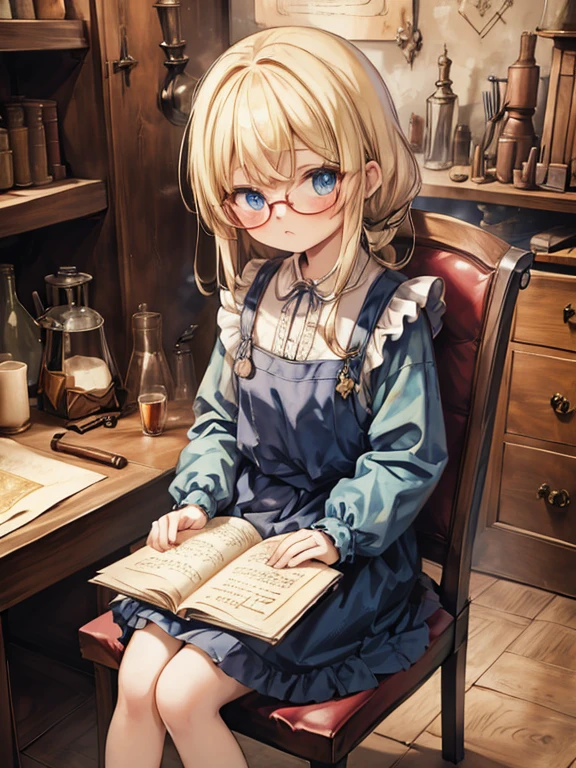 masterpiece, highest quality, Very detailed, 8k, Ultra-high resolution, Cowboy Shot, One -yeld gi Detailed face、Perfect Fingers, blue eyes, Glasses, Blonde, Long Hair, Braid, Red ribbon on head, Blue Dress, White apron, Luxurious Western-style building, library, Bookshelf, table, (Sit on a chair:1.7), reading, renaissance_alchemist_studio