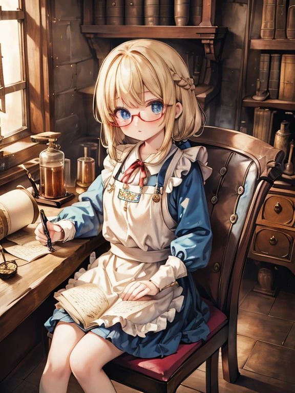 masterpiece, highest quality, Very detailed, 8k, Ultra-high resolution, Cowboy Shot, One 10-year-old girl, Detailed face、Perfect Fingers, blue eyes, Glasses, Blonde, Long Hair, Braid, Red ribbon on head, Blue Dress, White apron, Luxurious Western-style building, library, Bookshelf, table, (Sit on a chair:1.7), reading, renaissance_alchemist_studio