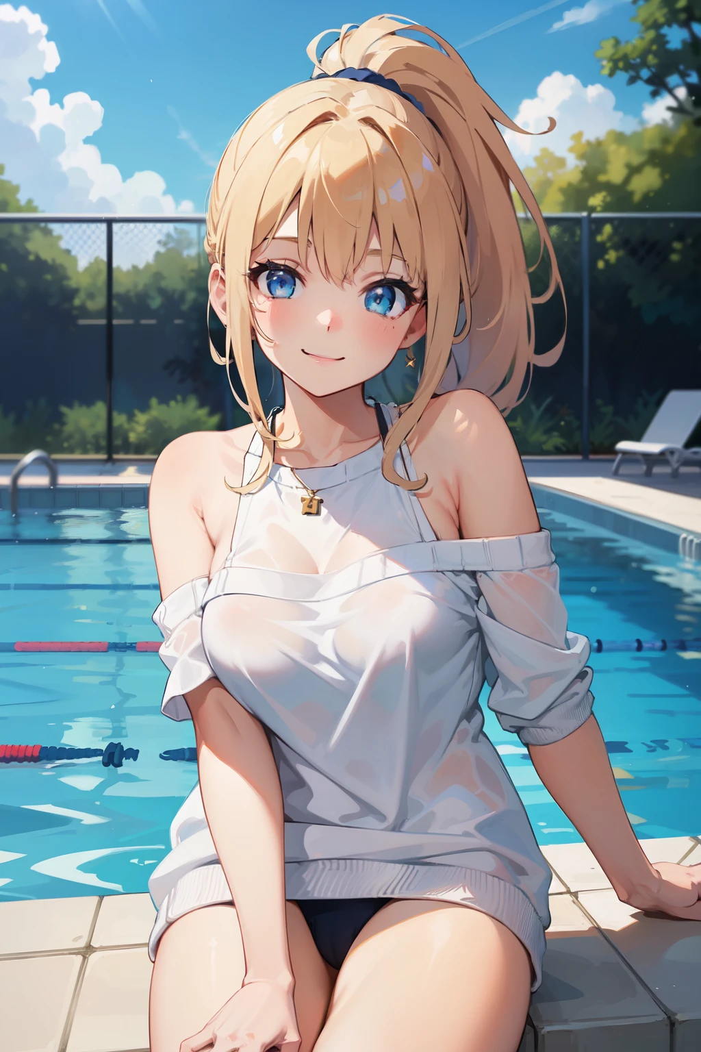 ((best quality)), ((masterpiece)), (detailed((best quality)), ((masterpiece)), (detailed的), 4K,1 Girl, beautiful girl,,Smile, Flax hair, blue eyes, Ponytail, White shirt,See-through clothing,Lie by the pool,Outdoor swimming pool, Swimwear,beautiful girl,Facial visual focus,Smile的), 1 Girl, Off-shoulder sweater,