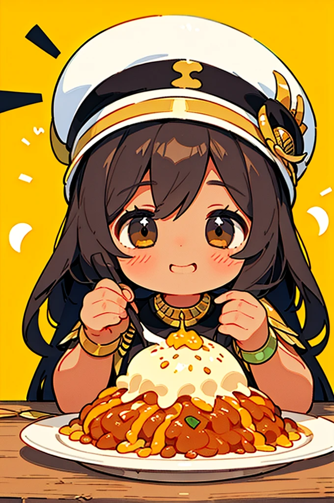 Egypt Tourism、Pyramids and camels、Girl Eating Koshari、happily face、Egyptian clothes and hats、Brown skin、​masterpiece、top-quality、Top image quality