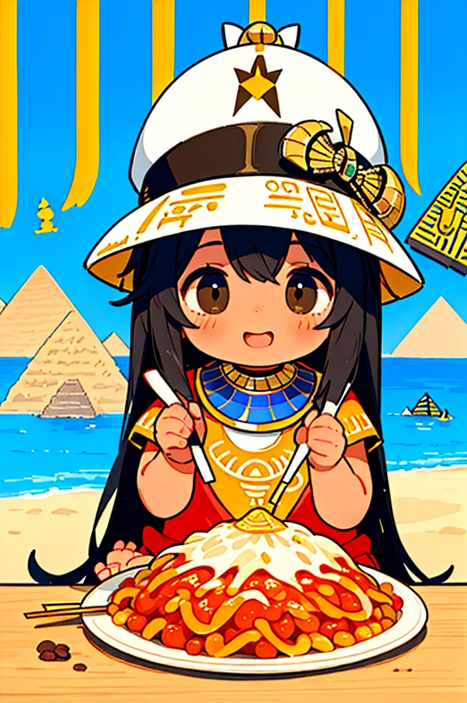 Egypt Tourism、Pyramids and camels、Girl Eating Koshari、happily face、Egyptian clothes and hats、Brown skin、masterpiece、top-quality、Top image quality
