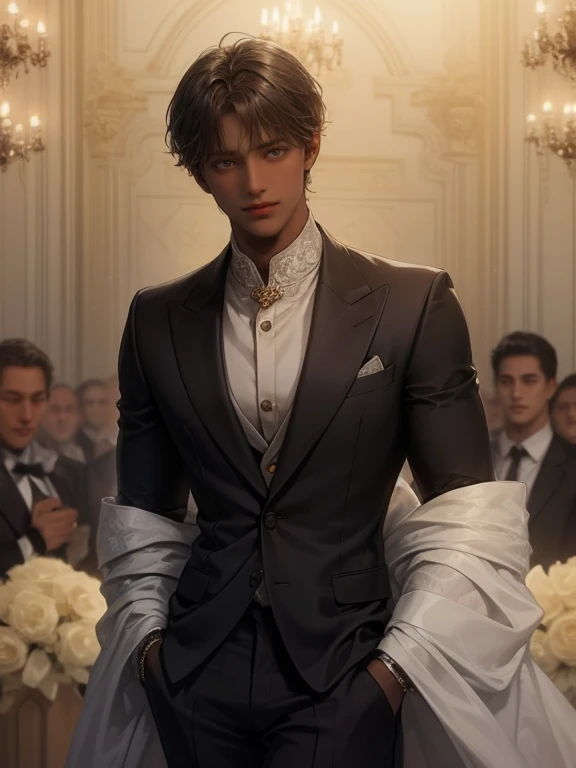 Male focus, 1 MAN, solitary, DARK BROWN hair, (((bright yellow eyes))), SHORT MESSY hair, , ((brown skinned)), blushing a lot, handsome, MUSCULAR, LOOKING AWAY, black hair,((LUXURY brown orange SUIT)), ELEGANT, RICH, BLACK SKIN, ((DARK SKINNED)), SOFT LOOKING, BLUSHING, HAIR DOWN, (((((SHORT HAIR)))), (((((DARK SKINNED, TANNED SKIN, VERY DARK SKIN)))), BANGS, SHORT SHORT HAIR, brown SKIN, BLUNT BANGS