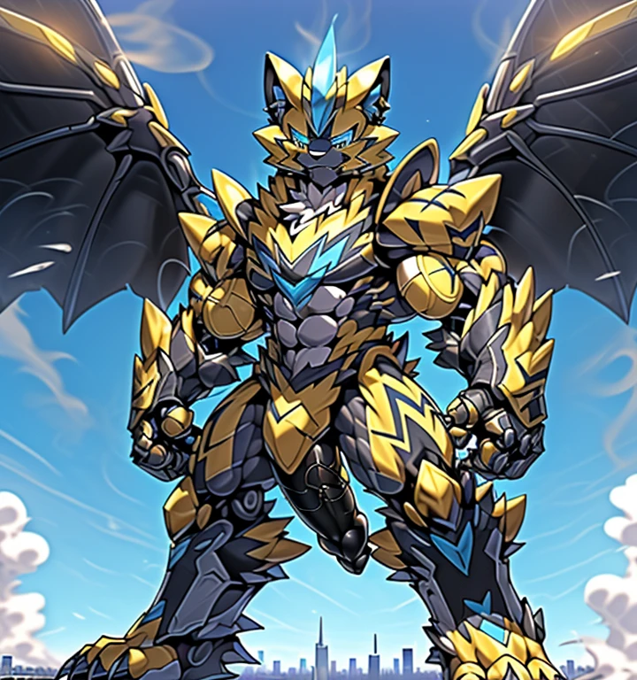 (masterpiece. official art. 8k. best quality. detailed full body. full body.)

(situation 1 : dominating zeraora. Zeraora is over 1000 meters long. focus GIANT mechanical Muscular Zeraora is trampling the city. Looking down. macro. stomp. Low-angle perspective. emphasizing the immense size.)

(situation 2 :smoke and flames rising from the destruction in the city)

(Additional details 1: wearing a full-face helmet. high-tech bio-mecha armor. real texture material. whole body shines like metal. Wearing cyberpunk mecha. emphasizes the muscles. suit fully made of metal. intricate armor. Robotic suit. suit fully made of metal. cyborg. Powered exoskeleton with the same design as Zeraora).

(Additional details 2: (Detailed head. Detailed Body. Detailed abs. gigantic muscles. HYPER MUSCLES. Gigachad Muscular. big muscle. pecs. triceps. traps. unusually developed muscular body. body full of huge muscles. showing off muscles. pectorales enormes. Exaggeratedly huge muscles. huge muscles. long legs.).

(Additional details 3: Spread wings. It has wings. have big wings. The claws are sharp. Sharp teeth.5 toes.).

(Additional details 4: black color hyper penis. hyper black penis. big penis)